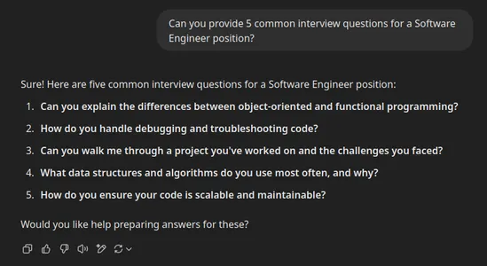 ChatGPT: 5 common interview questions for a Software Engineer