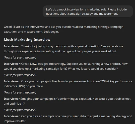 ChatGPT: Marketing Mock Interview.