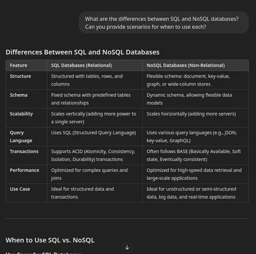 ChatGPT: differences between SQL and NoSQL.